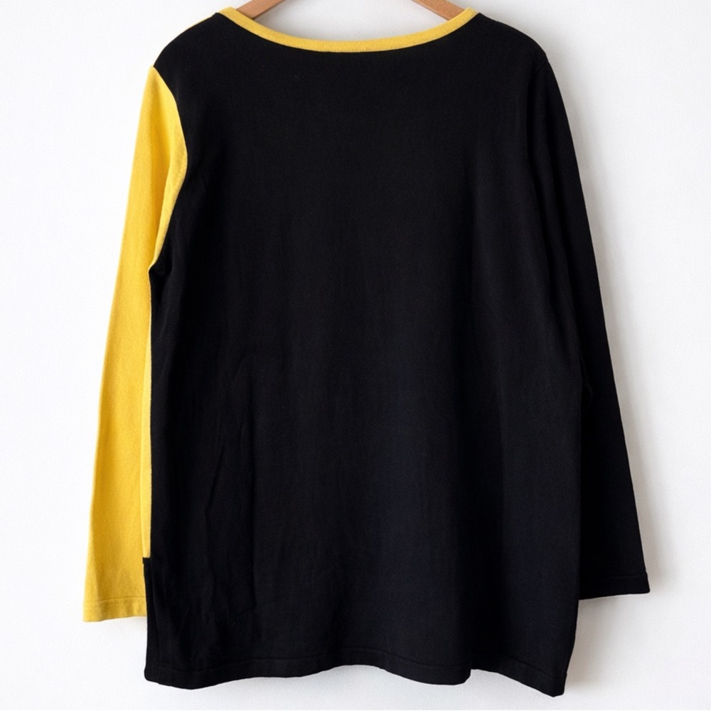 Bob Mackie Wearable Art Black Yellow Floral Embroidered Colorblock Top Large - Picture 3 of 11